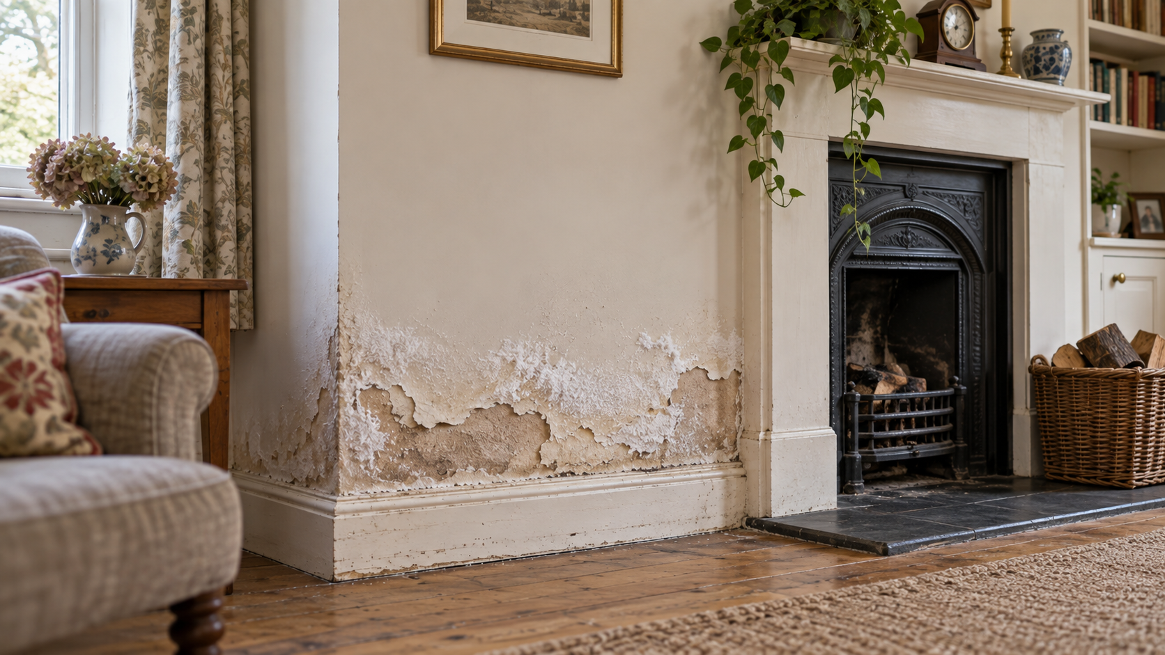 A chimney breast with peeling plaster and white salt deposits near floor level in a traditional British room.