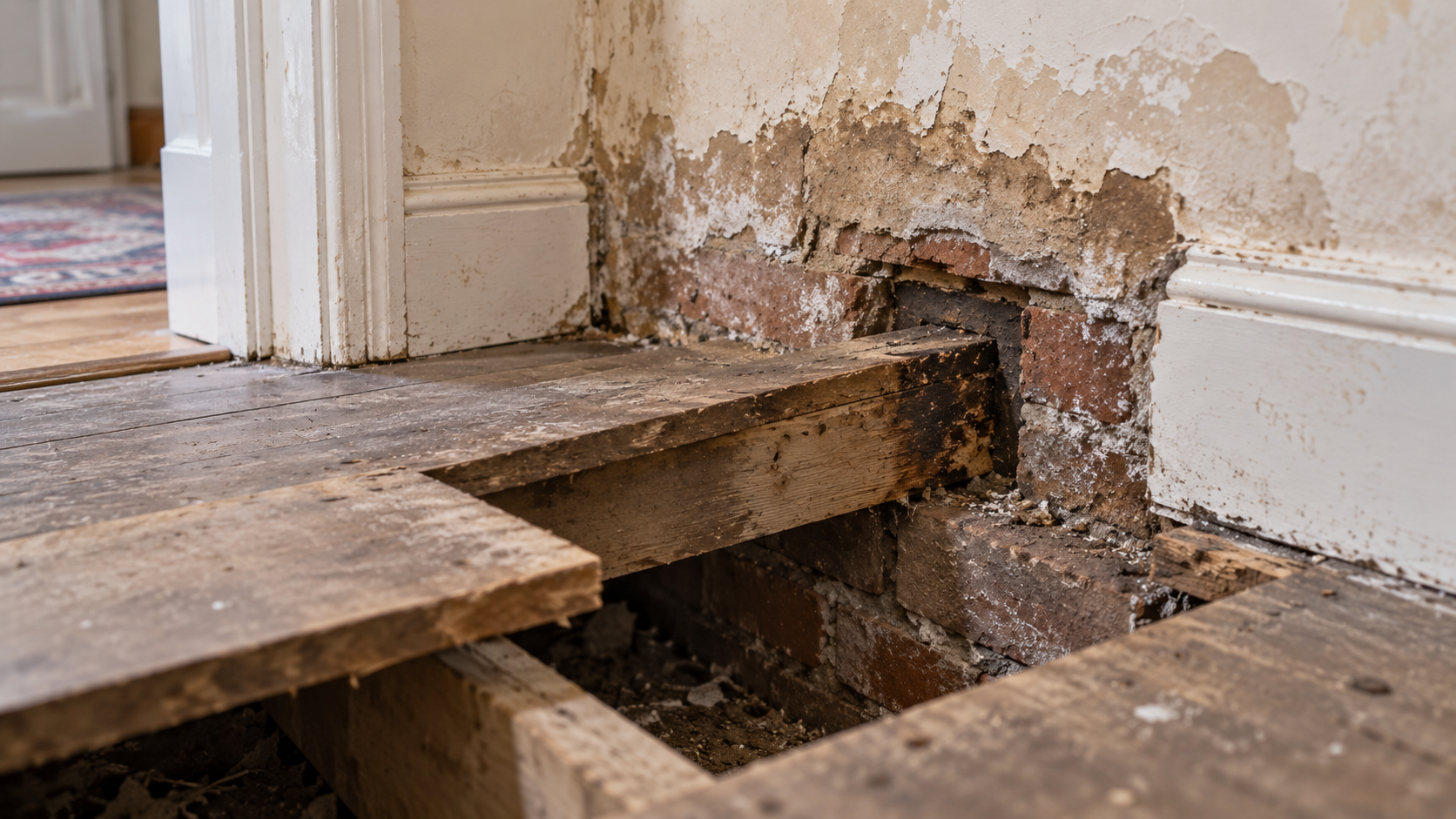 Lifted floorboards exposing a damp timber joist end and low-level wall damage near the floor.