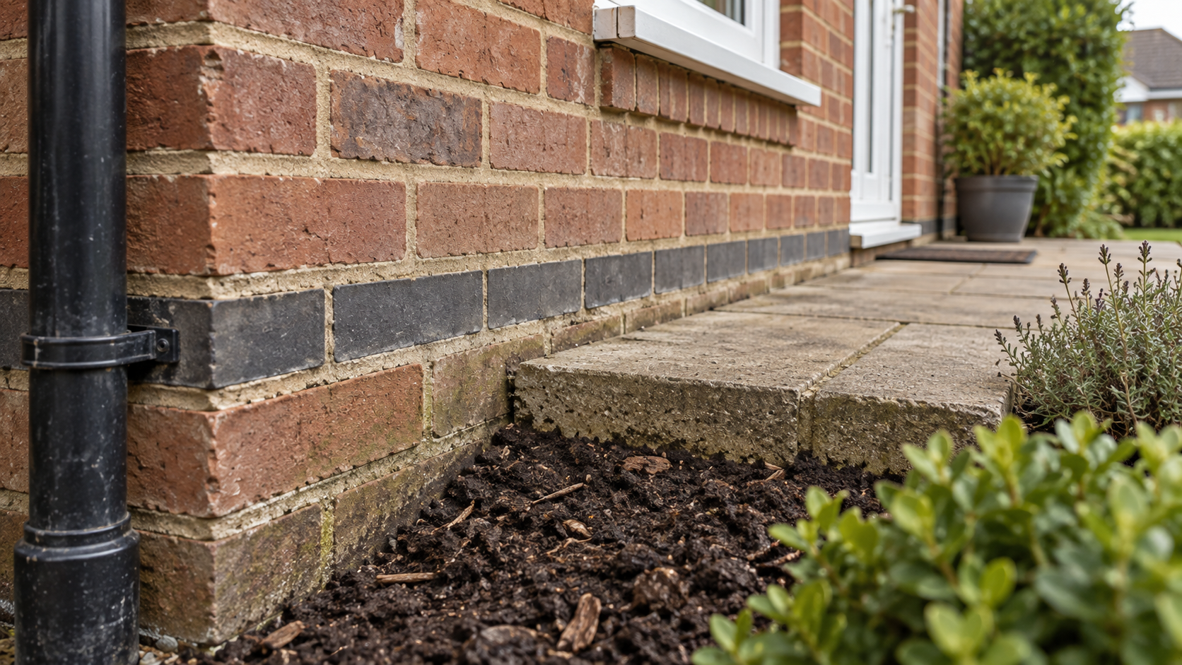External render carried down too low against the base of a house wall, with visible damp staining near the ground.