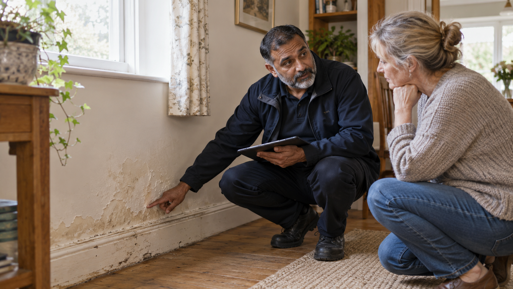 A damp specialist discussing low-level wall damp with a homeowner in a British living room.