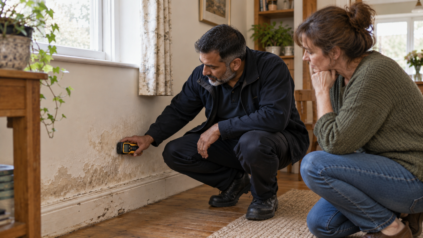 A damp specialist using a handheld moisture meter while inspecting a damaged wall in a British home.