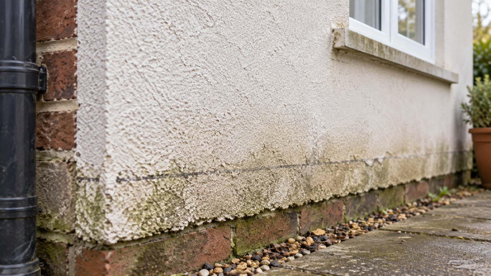 Raised paving and soil built up close to the damp-proof course on the outside of a brick house wall.