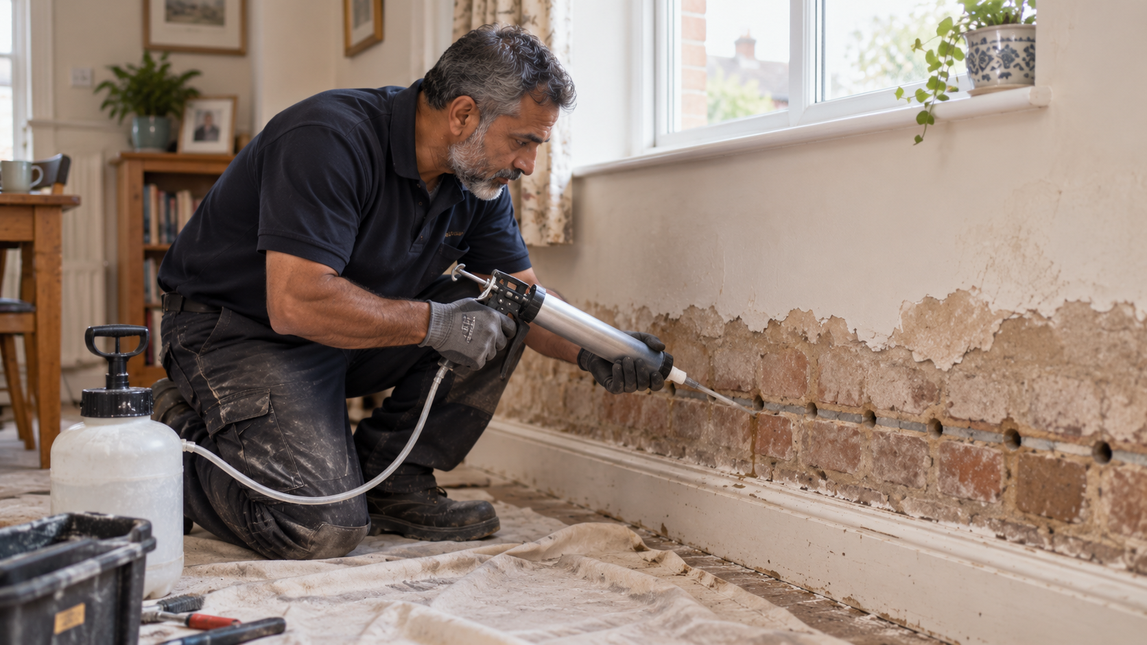 A contractor injecting a damp-proof course treatment into a row of drilled holes at the base of an internal wall.